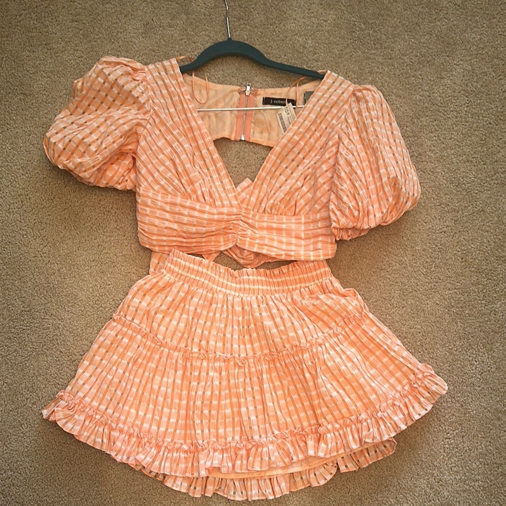 Boutique Two Piece Set Crop Top Ruffle Sleeve Orange Checkered Ruffled Skirt S/M